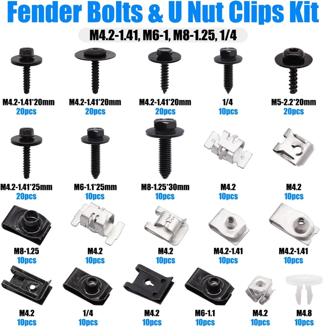 Alt view image 2 of 6 - 260Pcs U Nut Clips and Automotive Fender Bolts Kit, Car Body Screws U Clips, Replacement Fasteners for Bumper, Fender Liner, Engine Splash Shield, Wheel Well, Trim Panels, M4.2 M6 M8 1/4 Inch