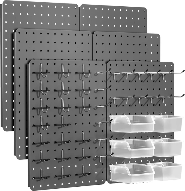 Main image of Pegboard Organizer Kit,6 Pack 14.76x10.82 in Metal Panels with 6 Bins, Gray