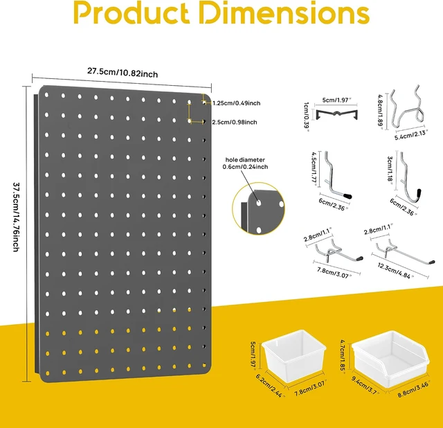 Alt view image 3 of 7 - Pegboard Organizer Kit,6 Pack 14.76x10.82 in Metal Panels with 6 Bins, Gray
