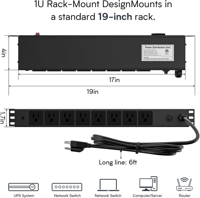Alt view image 3 of 7 - 8 Outlet Horizontal 1U Rack Mount PDU Power Strip with Surge Protector - 110V/15A - 6ft Power Cord for Network Server Racks (PDU-03)