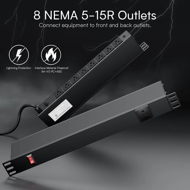 Alt view image 4 of 7 - 8 Outlet Horizontal 1U Rack Mount PDU Power Strip with Surge Protector - 110V/15A - 6ft Power Cord for Network Server Racks (PDU-03)