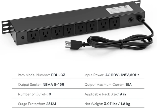 Alt view image 6 of 7 - 8 Outlet Horizontal 1U Rack Mount PDU Power Strip with Surge Protector - 110V/15A - 6ft Power Cord for Network Server Racks (PDU-03)