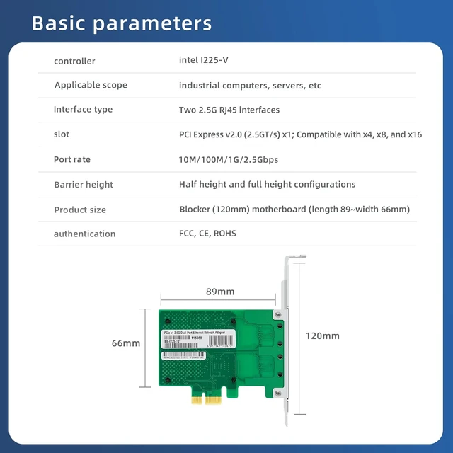 Alt view image 3 of 7 - 2.5G Dual Port Gigabit Network Card,with I225 Chip LAN NIC Card, 2500M Gigabit Dual RJ45 Ports Ethernet Server Adapter Support Windows 11/10 Windows Server 2022