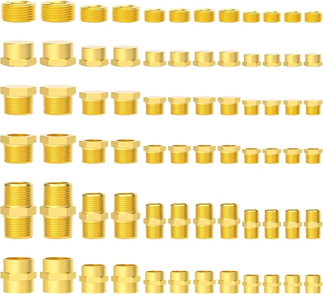 Main image of Brass Pipe Fittings Assortment Kit, 72 Pcs - Hex Nipple, Reducer Bushing, Reducing Coupling, Hex Head Plug, End Cap & Socket Plug