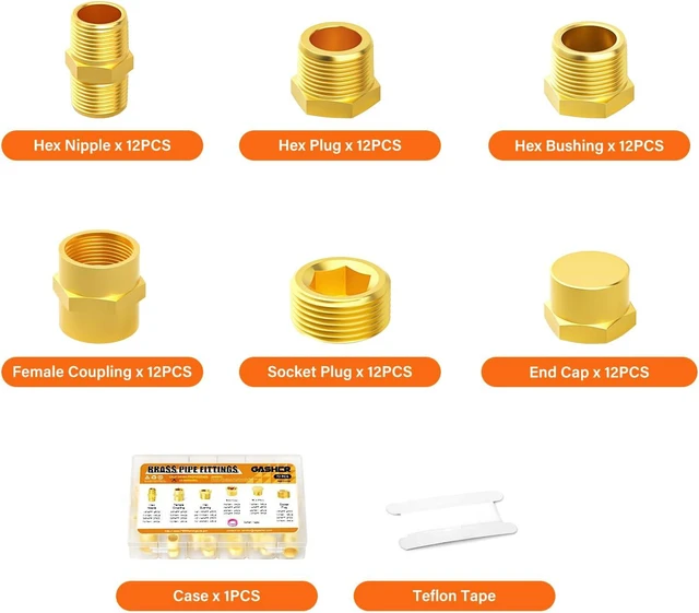 Alt view image 2 of 6 - Brass Pipe Fittings Assortment Kit, 72 Pcs - Hex Nipple, Reducer Bushing, Reducing Coupling, Hex Head Plug, End Cap & Socket Plug