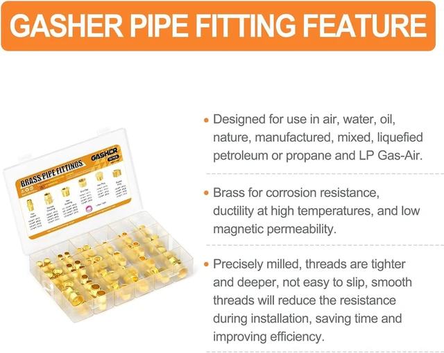 Alt view image 3 of 6 - Brass Pipe Fittings Assortment Kit, 72 Pcs - Hex Nipple, Reducer Bushing, Reducing Coupling, Hex Head Plug, End Cap & Socket Plug