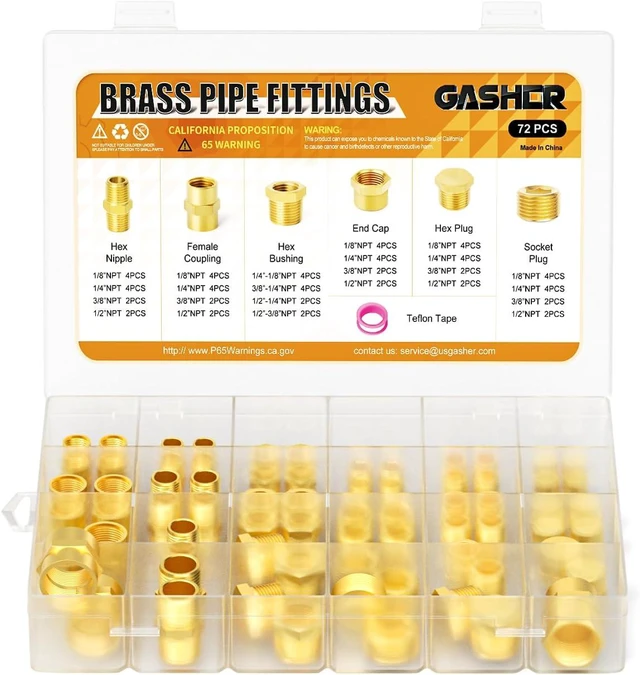 Alt view image 4 of 6 - Brass Pipe Fittings Assortment Kit, 72 Pcs - Hex Nipple, Reducer Bushing, Reducing Coupling, Hex Head Plug, End Cap & Socket Plug