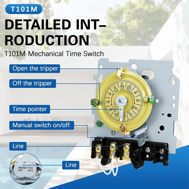 Alt view image 4 of 7 - T101M Mechanical Timer Switch,120 VAC 2HP 40A SPST Electromechanical Timers,12 ON/Off 24 Hour Timer Switch T101M,40 Amp - Ideal for Lights,Pumps,Fans, and HVAC Systems Ideal for All Uses