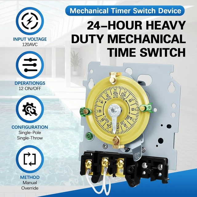 Alt view image 6 of 7 - T101M Mechanical Timer Switch,120 VAC 2HP 40A SPST Electromechanical Timers,12 ON/Off 24 Hour Timer Switch T101M,40 Amp - Ideal for Lights,Pumps,Fans, and HVAC Systems Ideal for All Uses