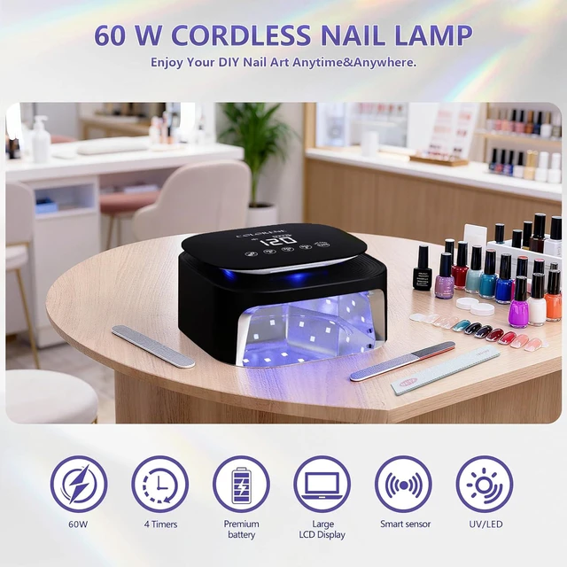 Alt view image 2 of 6 - 60W Cordless UV LED Nail Lamp - Rechargeable Gel Polish Dryer with Auto Sensor, 30 Beads & 4 Timer Settings Portable for Home/Salon Black