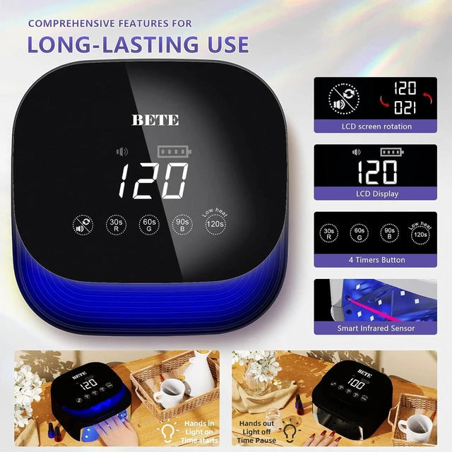 Alt view image 3 of 6 - 60W Cordless UV LED Nail Lamp - Rechargeable Gel Polish Dryer with Auto Sensor, 30 Beads & 4 Timer Settings Portable for Home/Salon Black