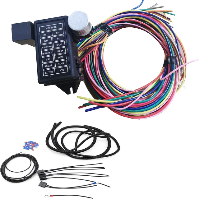 Main image of 14 Circuit Wiring Harness Kit Extra Long Wires 14 Fuse 12V (New) Replacement for Chevy Mopar Ford Hotrod Universal w/Product Instruction Street Muscle Car, Hot Rod