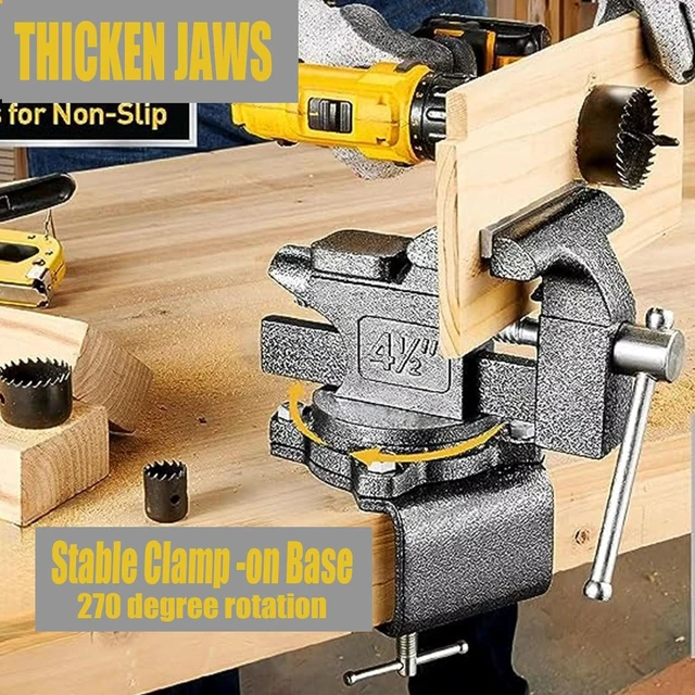 Alt view image 3 of 3 - Bench Vise 4-1/2in Multi-Purpose Bench Vice Clam on Vise, Heavy Duty Cast Iron Bench Clamp with Anvil-Multi-Jaw Swivel Base - Bnech Vice for Workbench, Woodworking, Workshop DIY