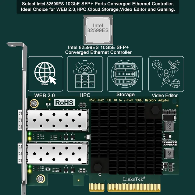 Alt view image 2 of 7 - 2X 10Gb/s SFP+ Fiber Ports Converged Ethernet Adapter for Servers, and Desktop PCs. PCIE x8 Interface to Dual 10GbE SFP+ Ports NIC Card, 82599ES 10GbE Ethernet Controller (X520-DA2)