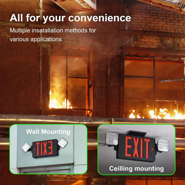Alt view image 6 of 6 - Black Exit Sign with Emergency Lights, LED Emergency Exit Light with Battery Backup, UL Listed, AC 120/277V, Commercial Emergency Lights Combo for Business - 2 Pack