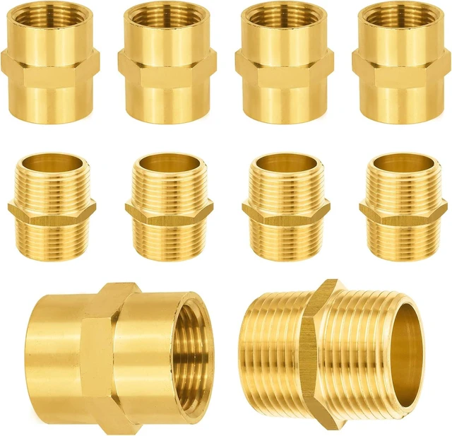 Main image of 10-Pack Brass Pipe Fittings 5-Pack 1" Male Adapter + 5-Pack 1" Female Adapter, Hex Nipple Adapter