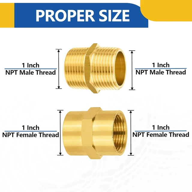Alt view image 2 of 6 - 10-Pack Brass Pipe Fittings 5-Pack 1" Male Adapter + 5-Pack 1" Female Adapter, Hex Nipple Adapter