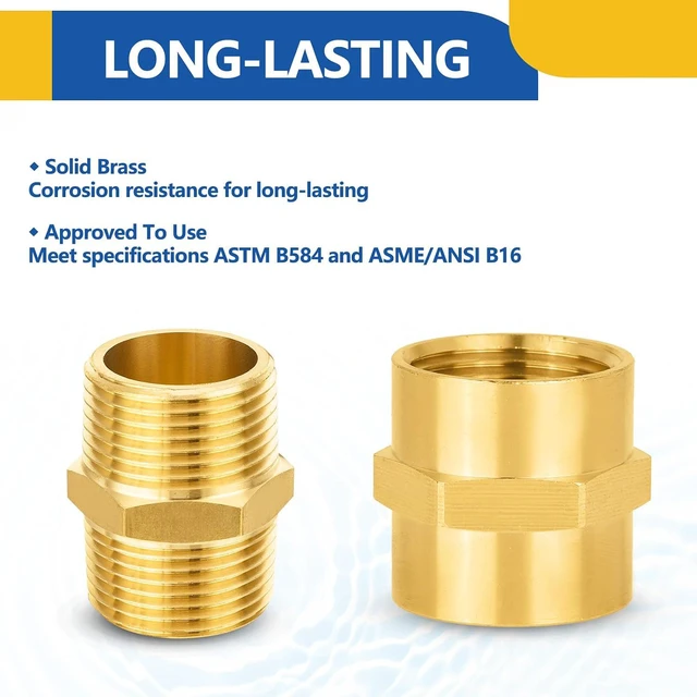 Alt view image 3 of 6 - 10-Pack Brass Pipe Fittings 5-Pack 1" Male Adapter + 5-Pack 1" Female Adapter, Hex Nipple Adapter