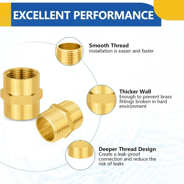 Alt view image 4 of 6 - 10-Pack Brass Pipe Fittings 5-Pack 1" Male Adapter + 5-Pack 1" Female Adapter, Hex Nipple Adapter