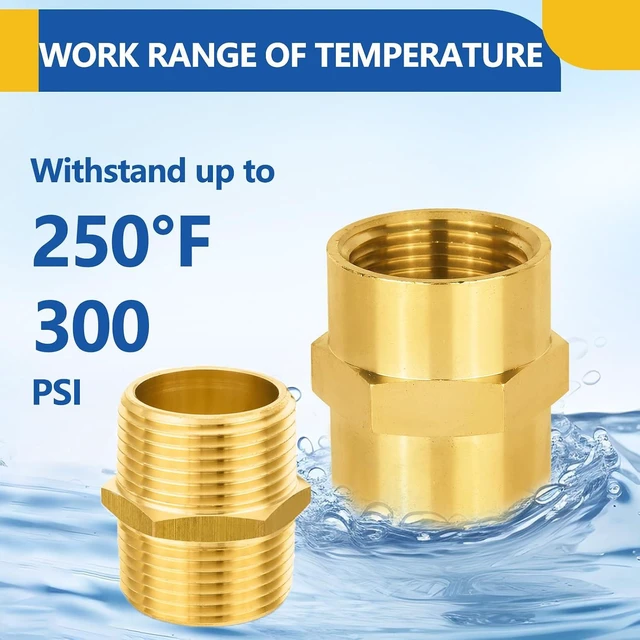 Alt view image 5 of 6 - 10-Pack Brass Pipe Fittings 5-Pack 1" Male Adapter + 5-Pack 1" Female Adapter, Hex Nipple Adapter