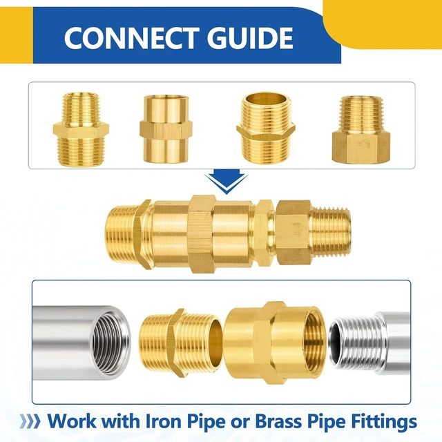 Alt view image 6 of 6 - 10-Pack Brass Pipe Fittings 5-Pack 1" Male Adapter + 5-Pack 1" Female Adapter, Hex Nipple Adapter