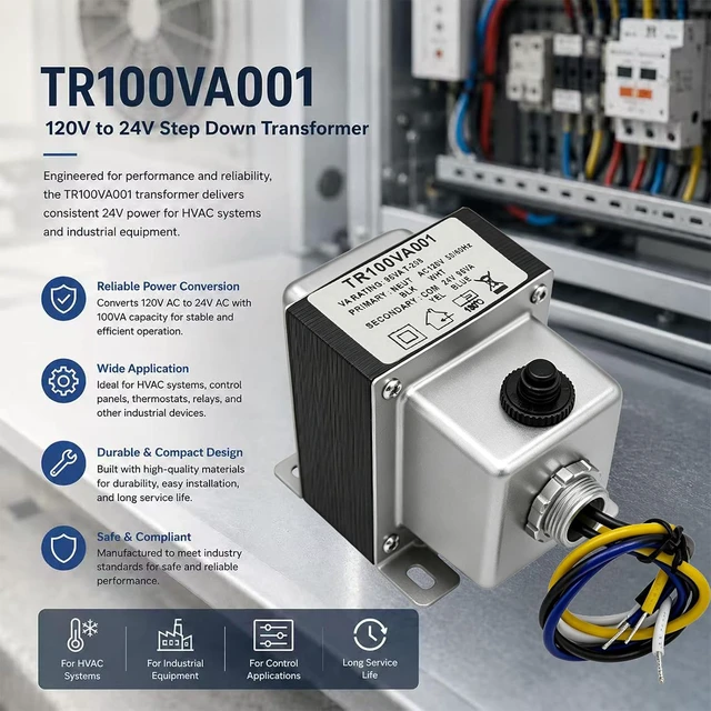 Alt view image 5 of 7 - 100VA Transformer with Circuit Breaker, 100/120V to 24Vac Step Down Transformer Compatible with HVAC Systems for Industrial Equipment, Doorbells, Security Systems and Low Voltage Equipment.