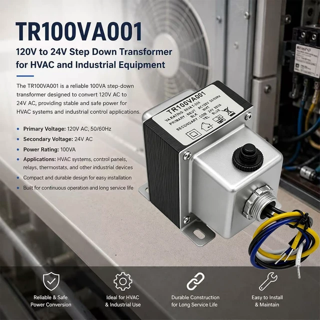 Alt view image 7 of 7 - 100VA Transformer with Circuit Breaker, 100/120V to 24Vac Step Down Transformer Compatible with HVAC Systems for Industrial Equipment, Doorbells, Security Systems and Low Voltage Equipment.