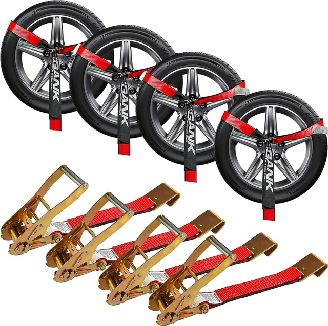 Main image of Car Tie Down Straps for Trailers, 4 Pack 2" x 96" Tire Straps, Flat Hooks