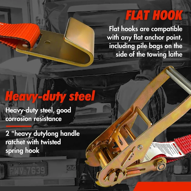 Alt view image 3 of 6 - Car Tie Down Straps for Trailers, 4 Pack 2" x 96" Tire Straps, Flat Hooks