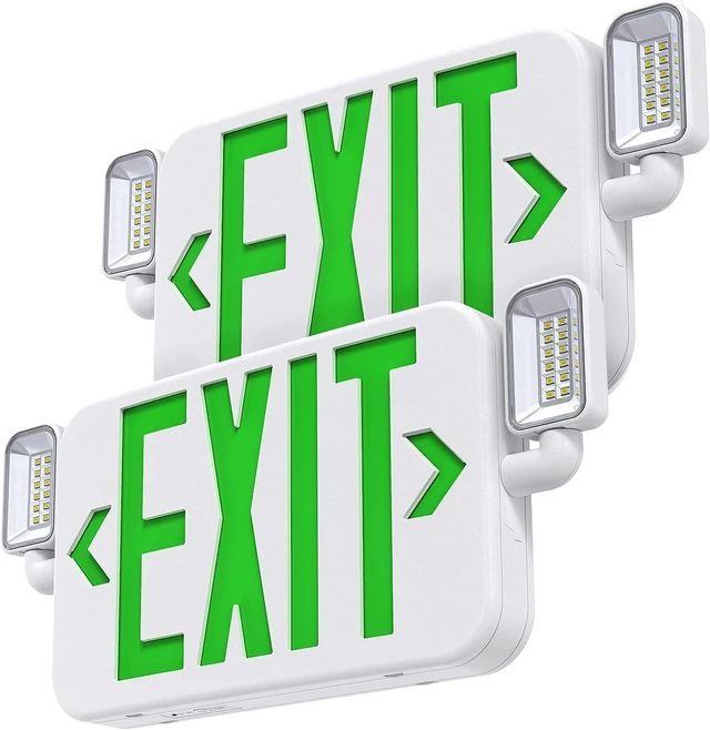 Main image of Led Combo Emergency Exit Sign Light with Two Adjustable Head Lights and Backup Battery,US Standard Green Letter Commercial Emergency Exit Lighting,UL 924,120/277V (2Pack)