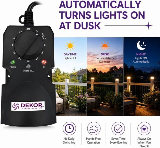 Alt view image 3 of 6 - Outdoor Light Timer Dusk to Dawn - Waterproof Photocell Sensor with 2 Grounded Outlets for Landscape, Deck, Garden & Christmas Lights, IP63, 1-8 Hour Daily Outdoor Timer