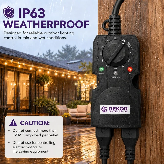 Alt view image 5 of 6 - Outdoor Light Timer Dusk to Dawn - Waterproof Photocell Sensor with 2 Grounded Outlets for Landscape, Deck, Garden & Christmas Lights, IP63, 1-8 Hour Daily Outdoor Timer