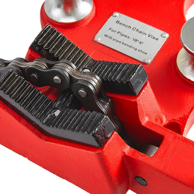 Alt view image 3 of 7 - Mophorn Screw Bench Chain Vise 1/8 to 5-Inch Pipe Capacity, Heavy Duty Bench Chain Pipe Vise with Crank Handle, Neoprene-Coated Jaw, Cast Iron Material Ideal for a Variety of Pipes