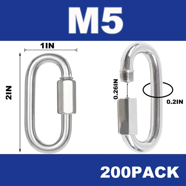 Alt view image 2 of 7 - 200PCS 2 Inches Chain Quick Links, M5 Screw Galvanized Steel Heavy Duty Chain Links, 3/16" Locking Carabiners for Connecting Hammock, Key Chain, Pet Leash,Gym,Camping 650 Lbs Capacity