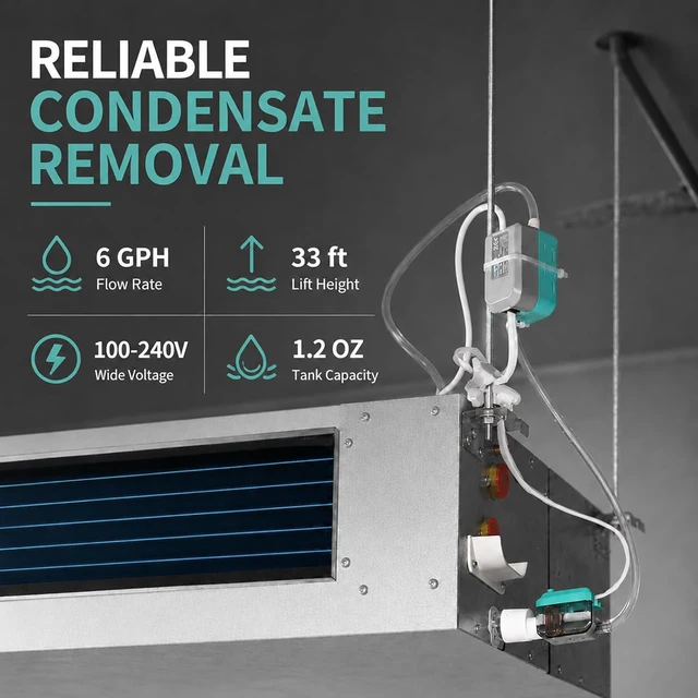 Alt view image 2 of 7 - Mini Split HVAC Condensate Pump, 6GPH 100/240V, 33ft Lift, Automatic Safety Switch, AC Condensate Removal for Air Conditioner, Dehumidifier, Furnace, Light Gray