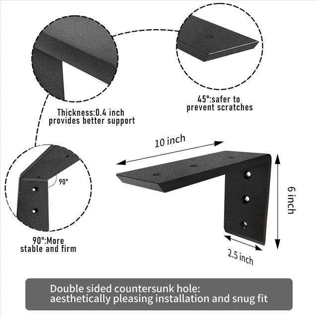 Alt view image 2 of 7 - Countertop Support Brackets 10 Inch Heavy Duty 0.4 Inch Thick Countertop Hidden Bracket 10"x6"x2.5" L Bracket Metal Corbels for Quartz/Granite/Wood/Concrete/ Laminate Countertops (4pack)