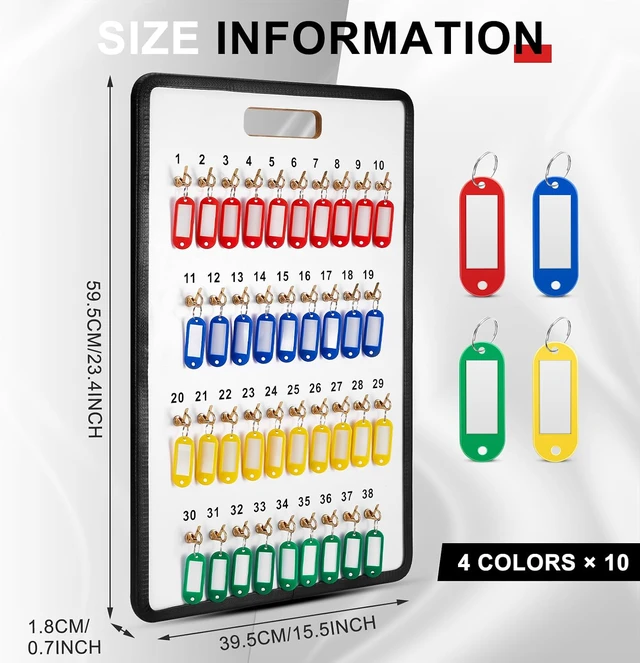 Alt view image 2 of 7 - Key Hook Board Rack with 40 Pcs Plastic Tags Set 23.4 x 15.5 Inch Key Holder Wall Mount with 38 Hooks Self Closing Tabs Colored Labels for Car Hotels Office House Storage Organization