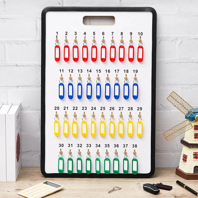 Alt view image 7 of 7 - Key Hook Board Rack with 40 Pcs Plastic Tags Set 23.4 x 15.5 Inch Key Holder Wall Mount with 38 Hooks Self Closing Tabs Colored Labels for Car Hotels Office House Storage Organization