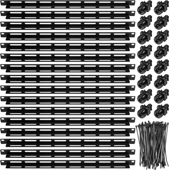 Main image of 16 Sets 1u 19 Inch Server Rack Cable Management Tie Bar Kit Include 16 Pack 1u Bars, 100 Zip Tie, 32 Cage Nuts & 32 Screw Work with Open Frame Enclosure Network Cabinet Mount Wire Management