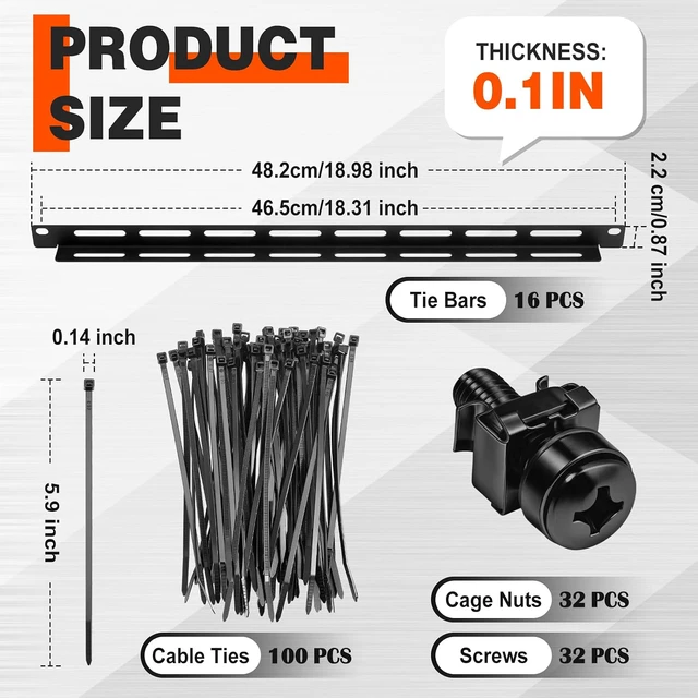 Alt view image 2 of 6 - 16 Sets 1u 19 Inch Server Rack Cable Management Tie Bar Kit Include 16 Pack 1u Bars, 100 Zip Tie, 32 Cage Nuts & 32 Screw Work with Open Frame Enclosure Network Cabinet Mount Wire Management