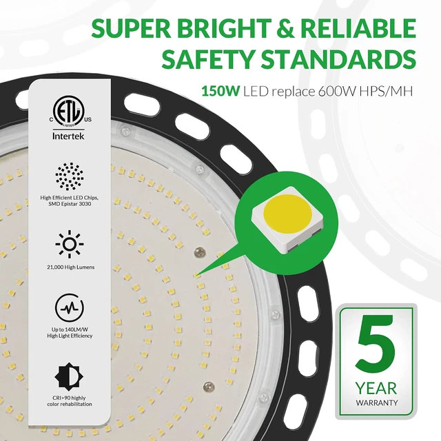 Alt view image 3 of 7 - LED High Bay Light 150W, 22500LM LED Shop Light AC100-277V 5000K ETL Listed
