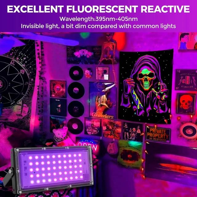 Alt view image 3 of 7 - 50W LED Black Lights for Glow Party IP65 Waterproof UV Blacklight Floodlight 395nm Blacklight Spotlight Purple Black Light Flood Light Fluorescent UV Lights Lamp for Halloween Decor (8 Pack)