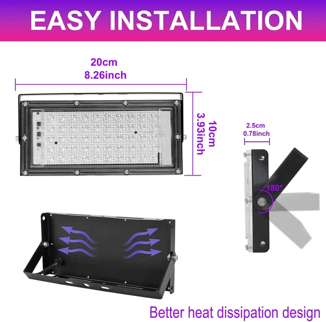 Alt view image 6 of 7 - 50W LED Black Lights for Glow Party IP65 Waterproof UV Blacklight Floodlight 395nm Blacklight Spotlight Purple Black Light Flood Light Fluorescent UV Lights Lamp for Halloween Decor (8 Pack)