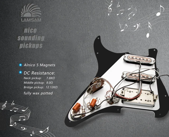 Alt view image 5 of 7 - Prewired Pickguard with SSH Pickup Set, 3-ply Pick Guard Loaded Alnico V Single Coil Humbucker Pick-ups, Electric Guitar Scratchplate as Luthier Replacement Parts, Black-03