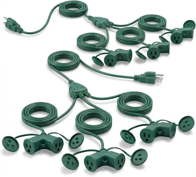 Main image of 2 Pack 40 ft Christmas Extension Cord 1 to 3 Splitter Extension Cord 6 Prong Plug with 3 Extended Outlets and Weatherproof Covers for Outdoor Indoor Christmas Connect Extend String Lights