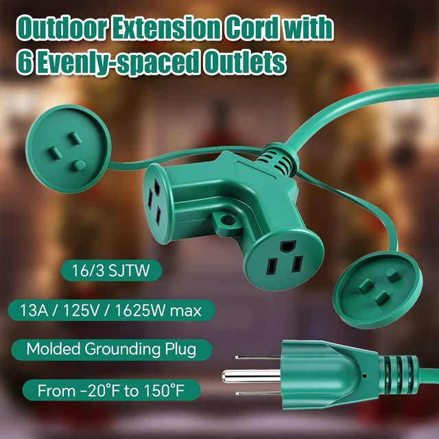 Alt view image 2 of 6 - 2 Pack 40 ft Christmas Extension Cord 1 to 3 Splitter Extension Cord 6 Prong Plug with 3 Extended Outlets and Weatherproof Covers for Outdoor Indoor Christmas Connect Extend String Lights