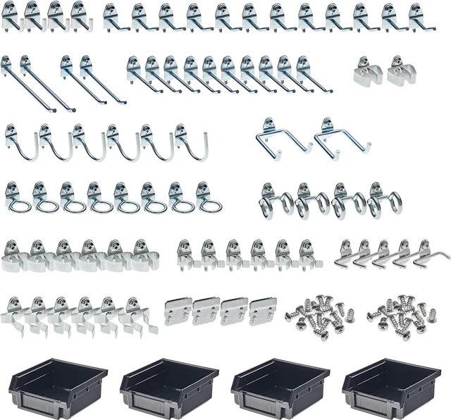 Main image of 76983 DuraHook Kit Zinc Plated Steel Hook and Bin Assortment for DuraBoard 1/8-Inch and 1/4-Inch Pegboard, 83-Piece