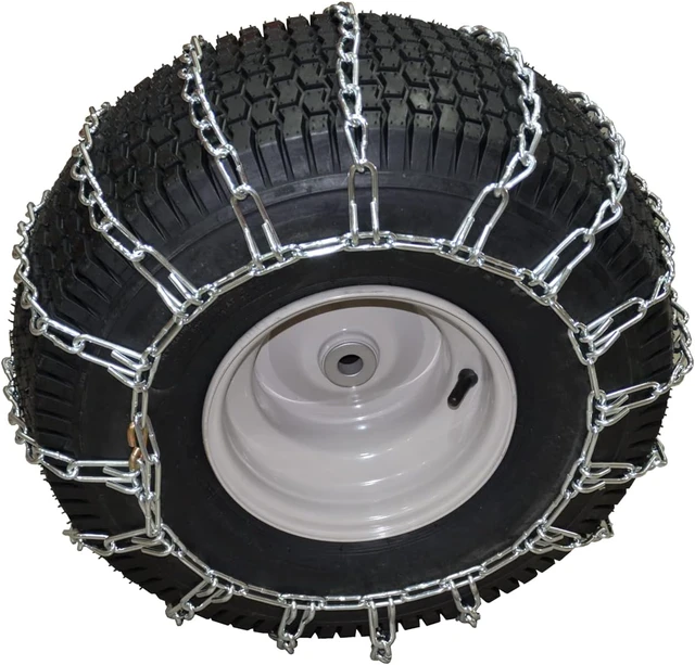 Alt view image 2 of 6 - Set of 2 Snow Tire Chains for Lawn Tractor, Riding Mower, Snow Blower - Zinc Plated 2 Link Enhanced Traction Garden Tractor Chains - Fits 20x8x8 20x8x10 21x7x8