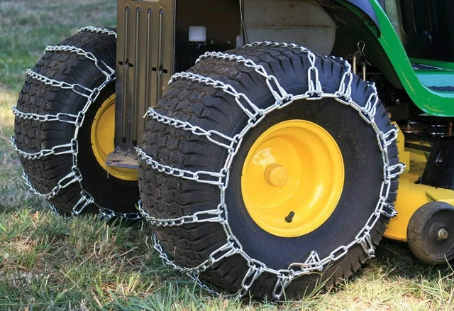 Alt view image 5 of 6 - Set of 2 Snow Tire Chains for Lawn Tractor, Riding Mower, Snow Blower - Zinc Plated 2 Link Enhanced Traction Garden Tractor Chains - Fits 20x8x8 20x8x10 21x7x8