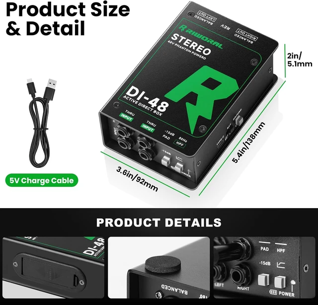 Alt view image 5 of 7 - Direct Box with Dual 1/4 High-Impedance Stereo Inputs Di Boxes Support For Guitar/Bass Instruments Premium Direct Injection Active Di Box For Thru & XLR Outputs (Direct Box)